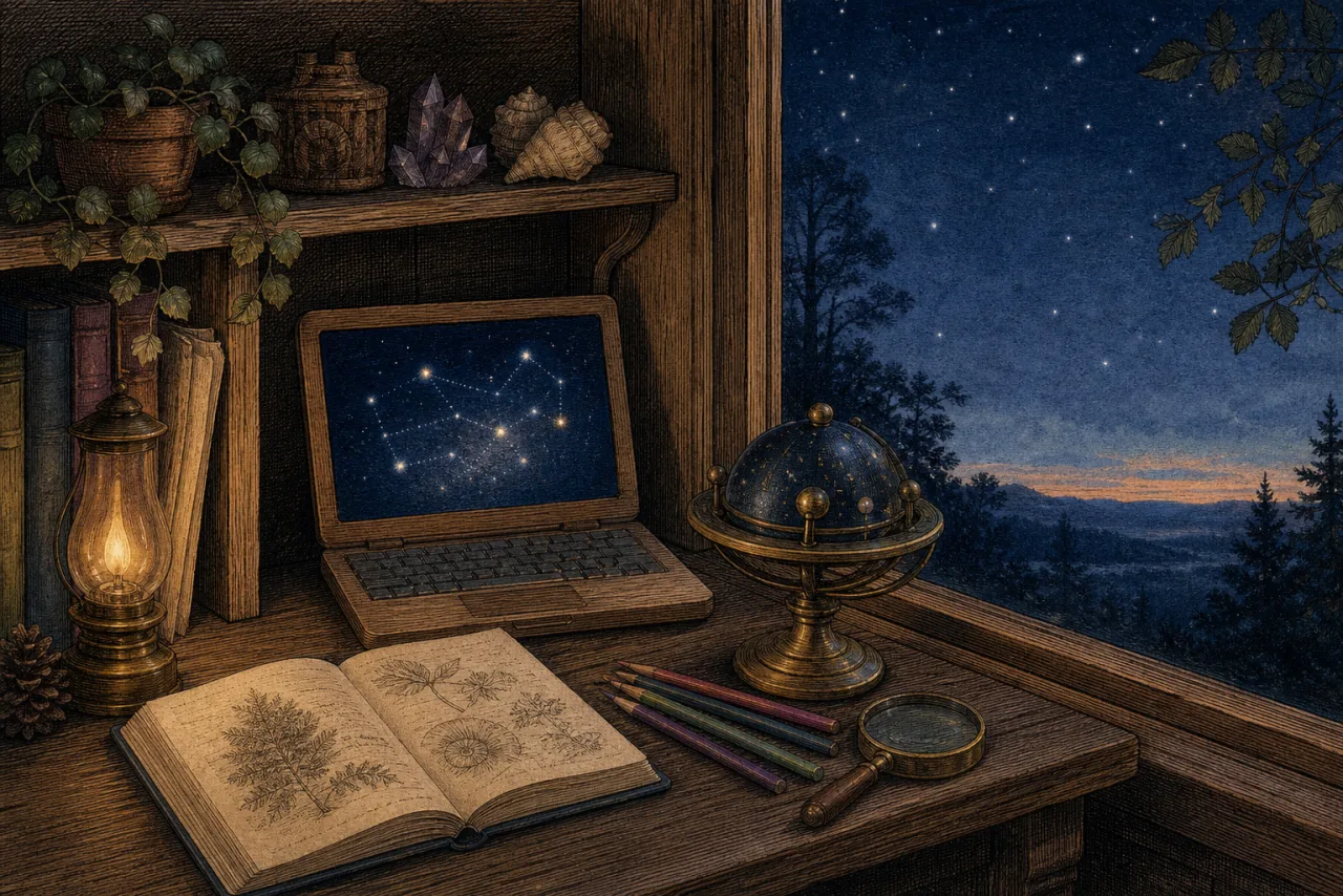 A warm wooden study shelf with a laptop, sketchbook, colored pencils, planetarium, and a starry window.