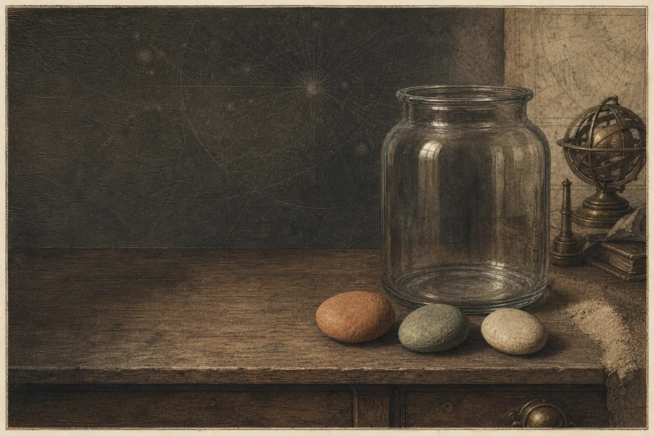 A glass jar with three river stones on an observatory desk.
