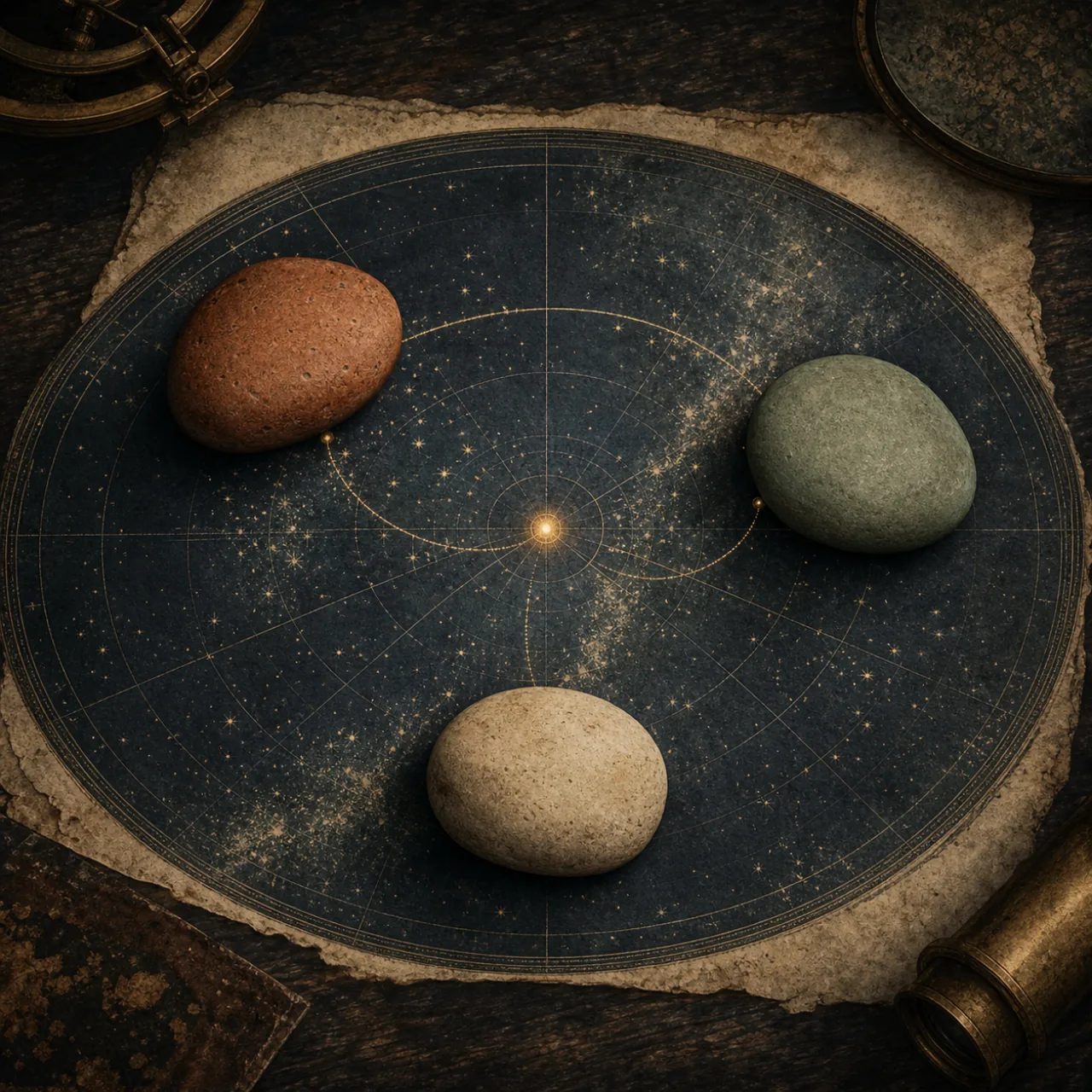 Three different river stones resting on a circular celestial chart.