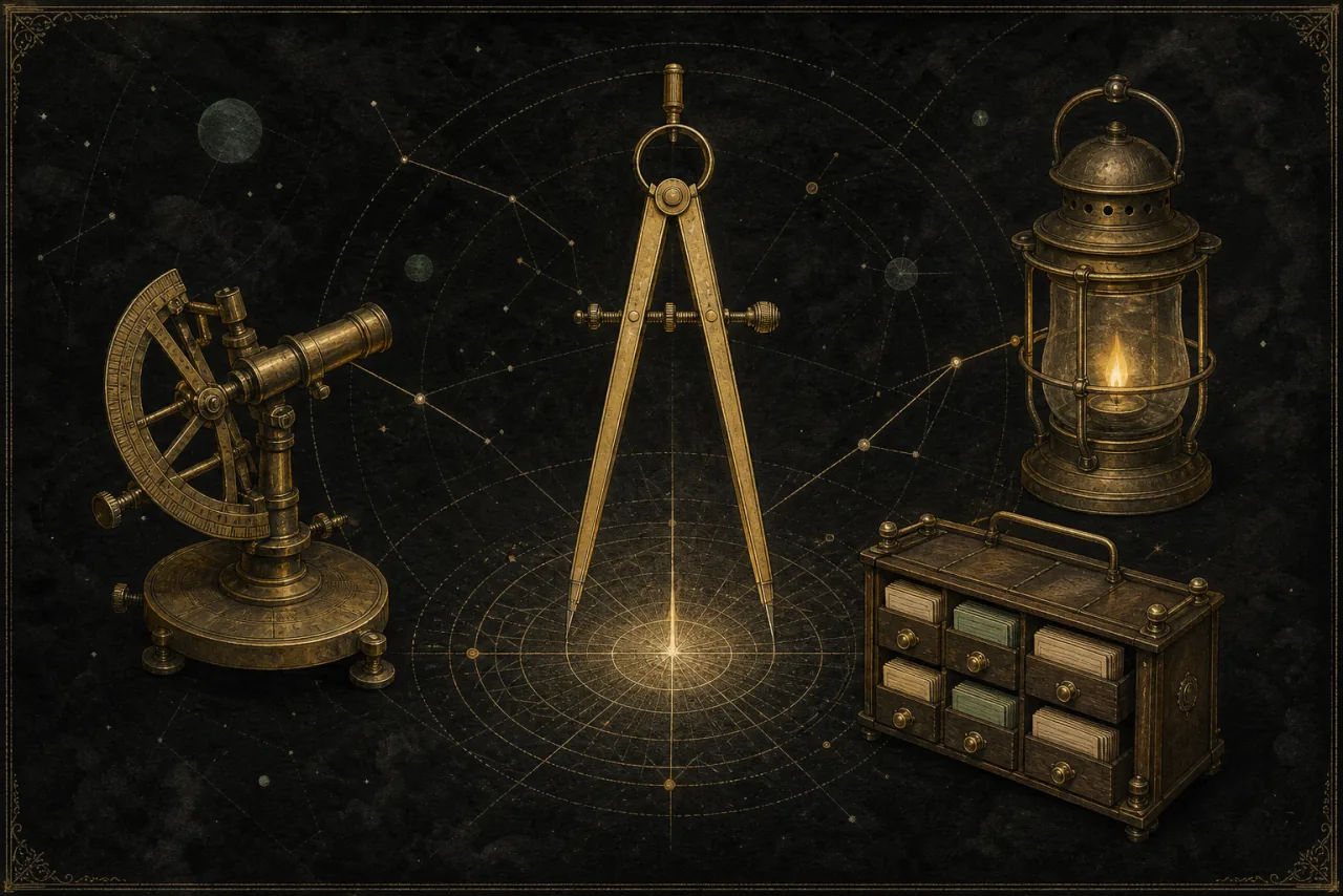 Antique scientific instruments, an index cabinet, and a lantern connected by fine lines.
